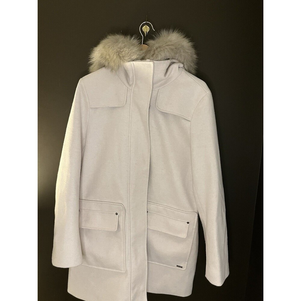 Nine West Womens L Ivory Winter Coat Faux Fur Hood Long Parka Jacket Cream